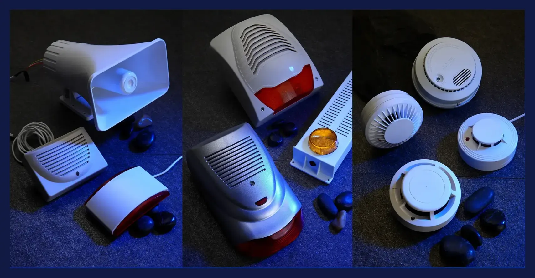 high SPL siren alarm alongside two ceiling‑mounted smoke detectors